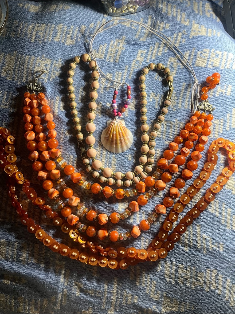 Orange Beaded Layered Necklace Set with Shell Pendant